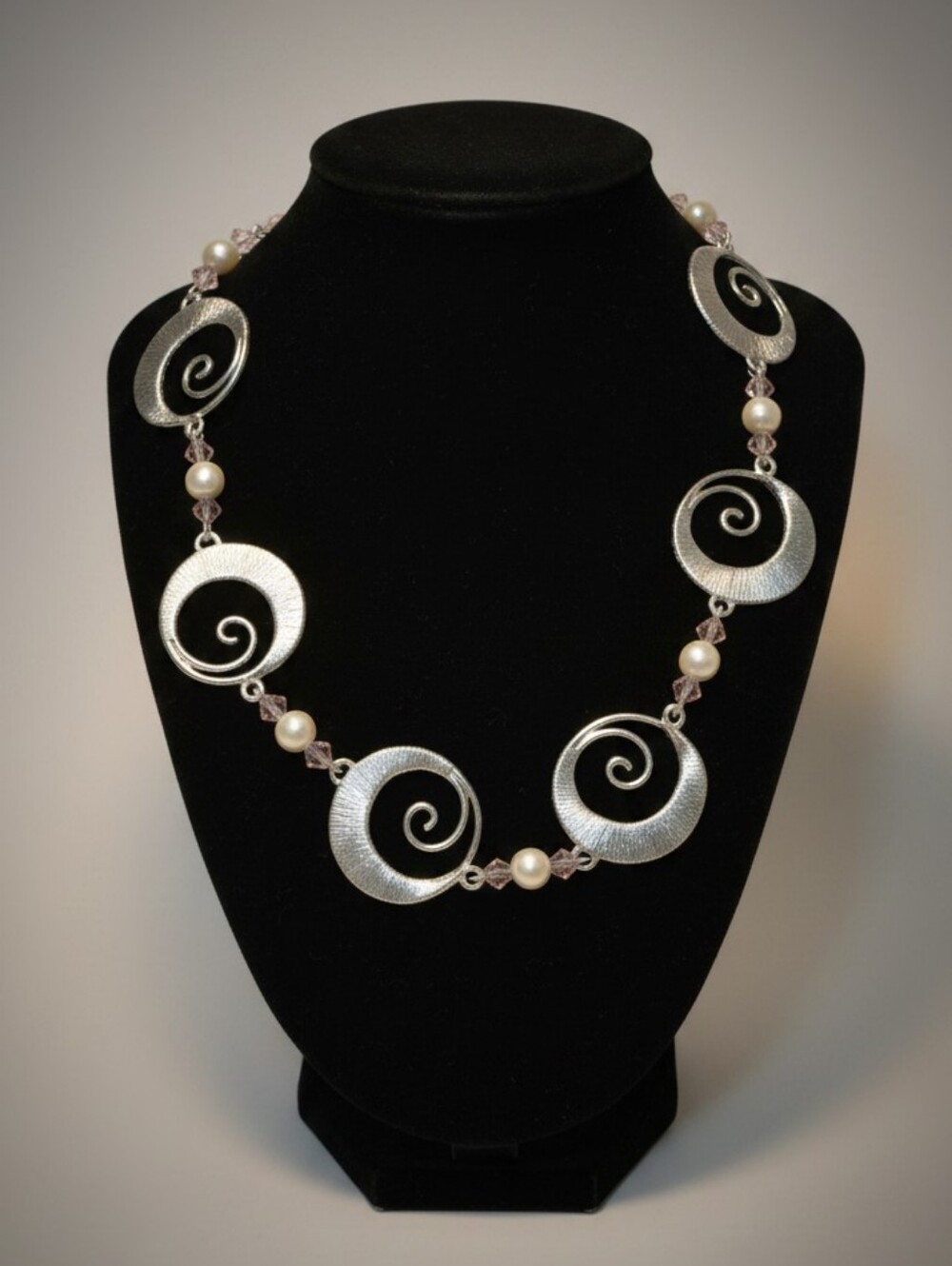 Hand Crafted Silver Spiral Link Necklace with Pearls - Women Jewelry
